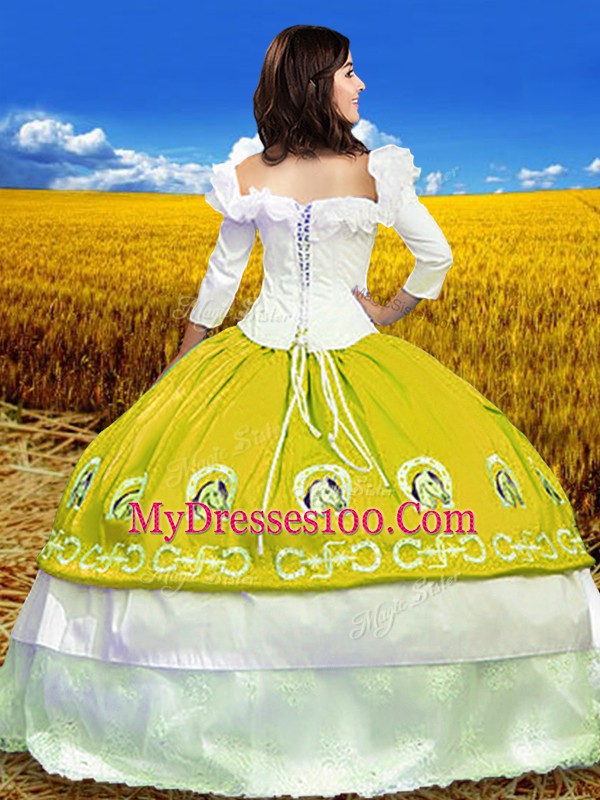 Admirable Taffeta Off The Shoulder 3 4 Length Sleeve Lace Up Embroidery 15th Birthday Dress in Gold