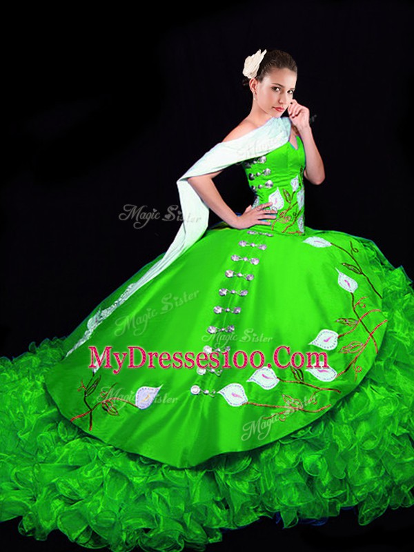 Flare Green Organza Lace Up Sweetheart Sleeveless Sweet 16 Dresses Brush Train Embroidery and Ruffles