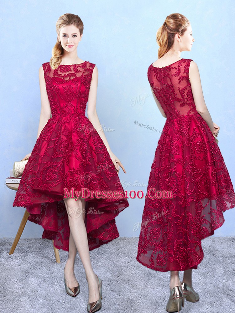 High Low Burgundy Dama Dress for Quinceanera Lace Sleeveless Lace