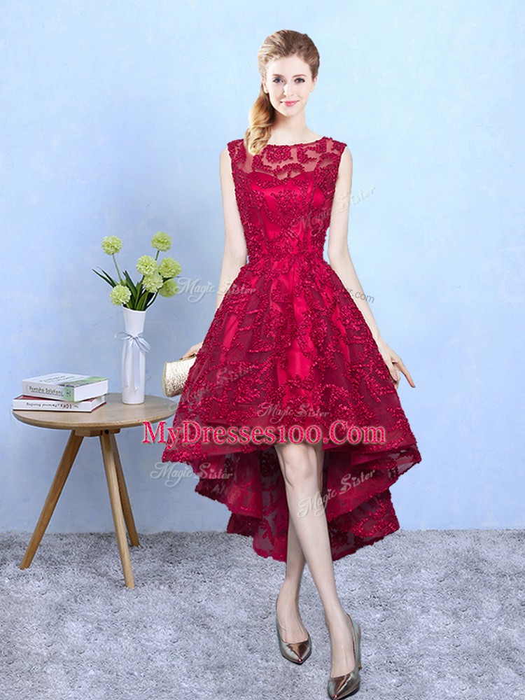 High Low Burgundy Dama Dress for Quinceanera Lace Sleeveless Lace
