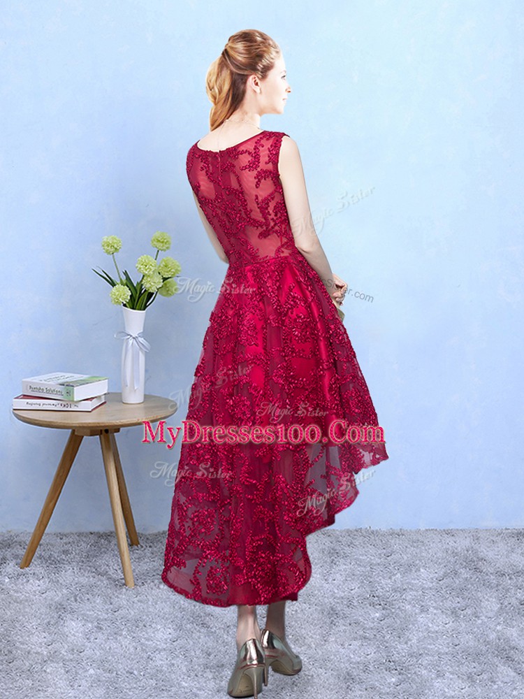 High Low Burgundy Dama Dress for Quinceanera Lace Sleeveless Lace