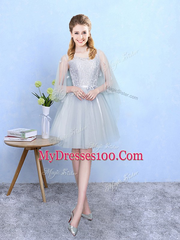 Inexpensive Knee Length Silver Court Dresses for Sweet 16 Tulle Half Sleeves Lace