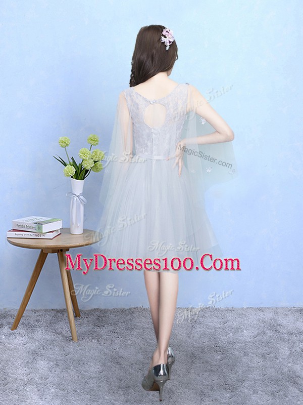 Inexpensive Knee Length Silver Court Dresses for Sweet 16 Tulle Half Sleeves Lace