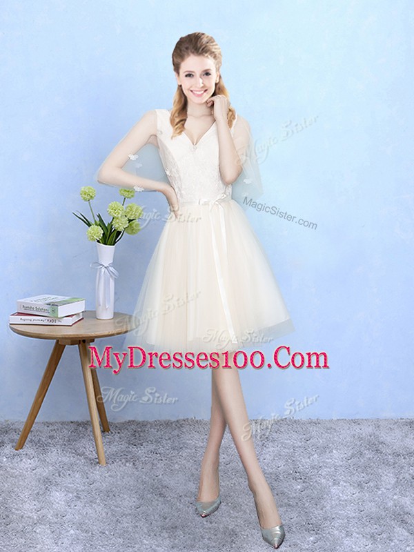 Champagne Empire Tulle V-neck Half Sleeves Lace Knee Length Lace Up Bridesmaids Dress