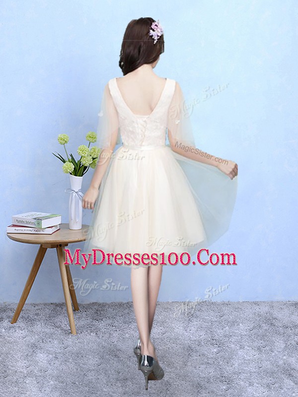 Champagne Empire Tulle V-neck Half Sleeves Lace Knee Length Lace Up Bridesmaids Dress