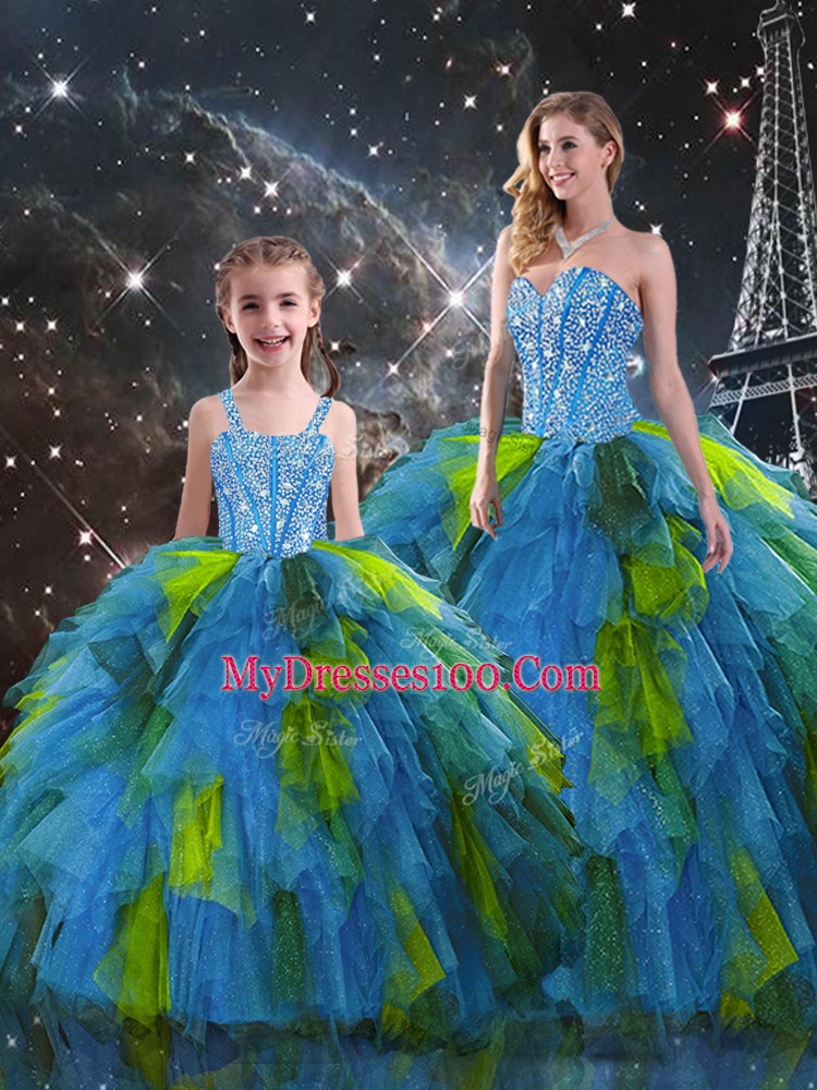 Floor Length Multi-color Sweet 16 Dresses Organza Sleeveless Beading and Ruffles