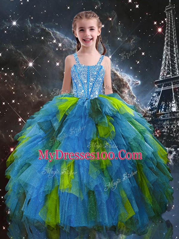 Floor Length Multi-color Sweet 16 Dresses Organza Sleeveless Beading and Ruffles