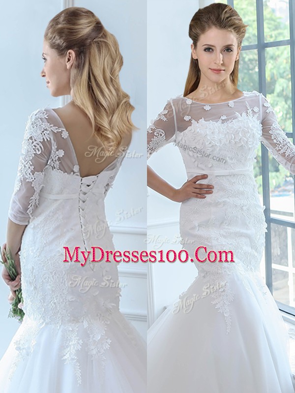 Inexpensive White Mermaid Lace Wedding Dress Lace Up Tulle Half Sleeves
