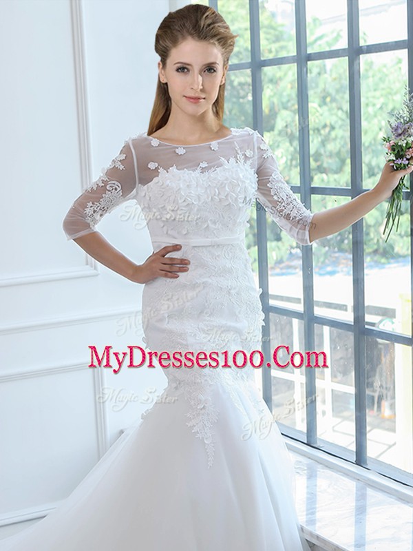 Inexpensive White Mermaid Lace Wedding Dress Lace Up Tulle Half Sleeves