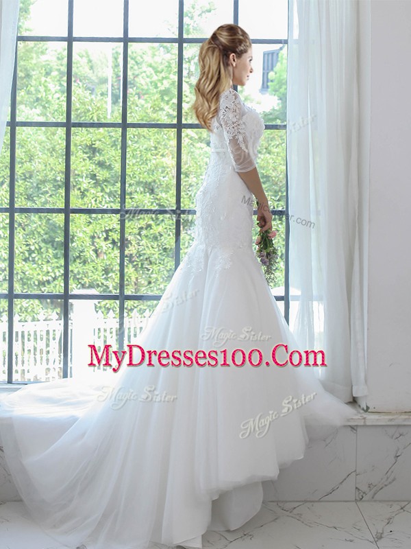 Inexpensive White Mermaid Lace Wedding Dress Lace Up Tulle Half Sleeves