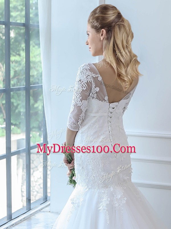 Inexpensive White Mermaid Lace Wedding Dress Lace Up Tulle Half Sleeves