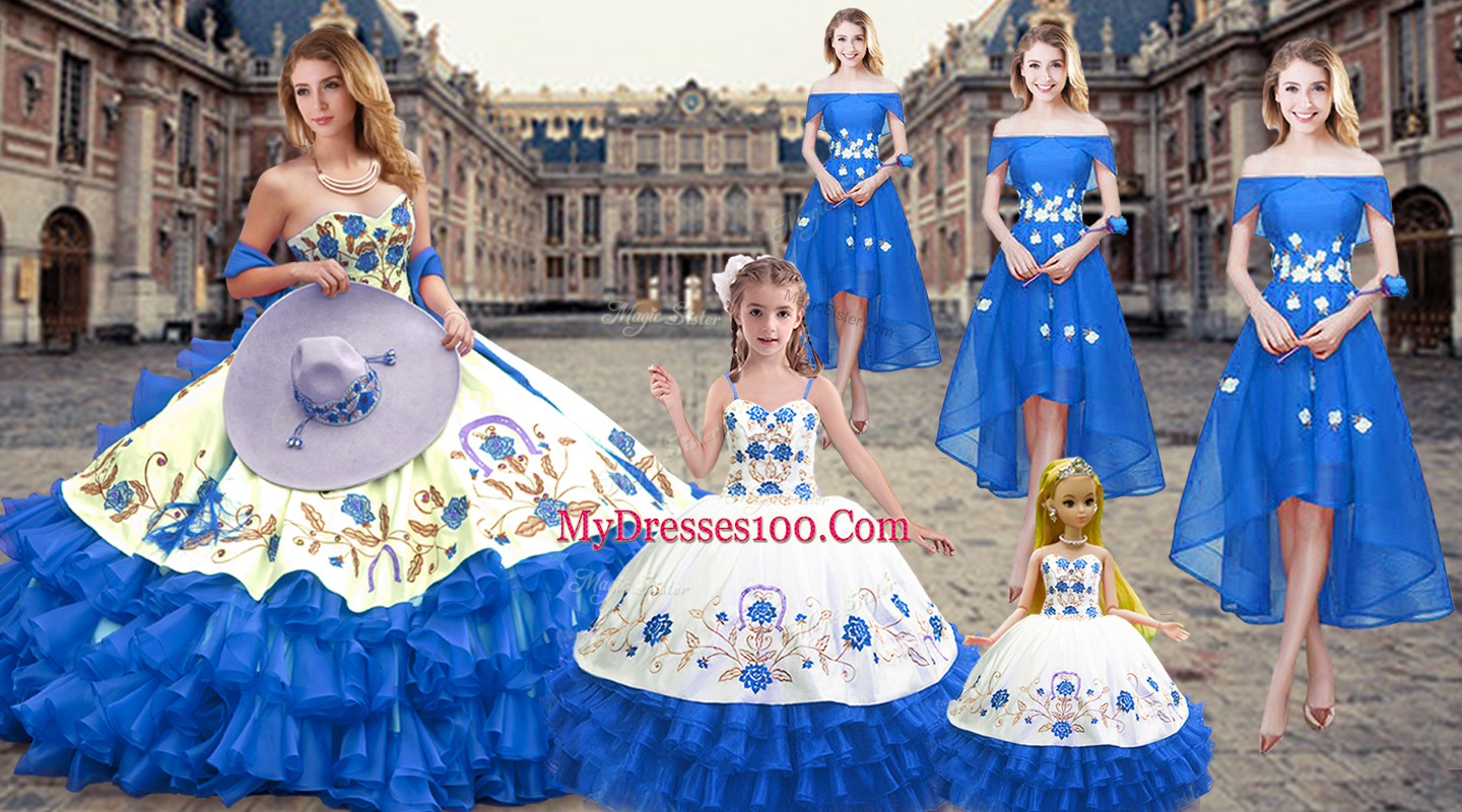 Glamorous Organza Sweetheart Sleeveless Lace Up Embroidery and Ruffled Layers Vestidos de Quinceanera in Royal Blue