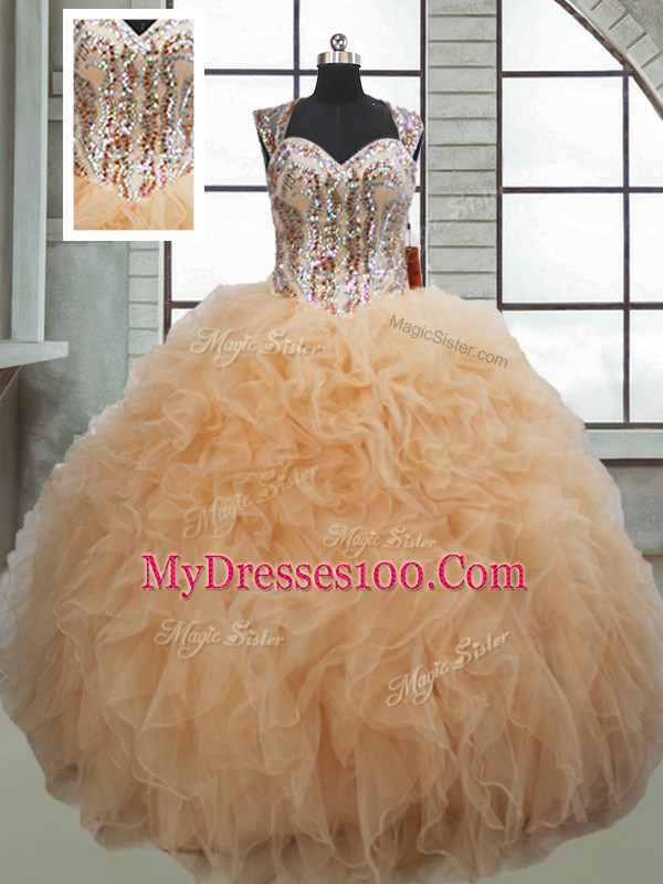 Designer Floor Length Champagne Vestidos de Quinceanera Organza Sleeveless Beading and Ruffles
