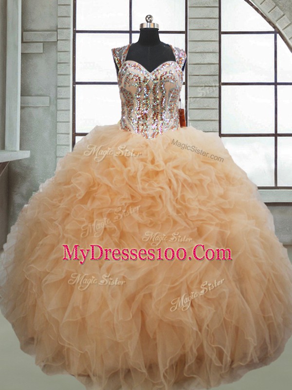 Designer Floor Length Champagne Vestidos de Quinceanera Organza Sleeveless Beading and Ruffles