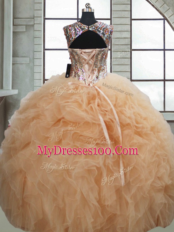 Designer Floor Length Champagne Vestidos de Quinceanera Organza Sleeveless Beading and Ruffles
