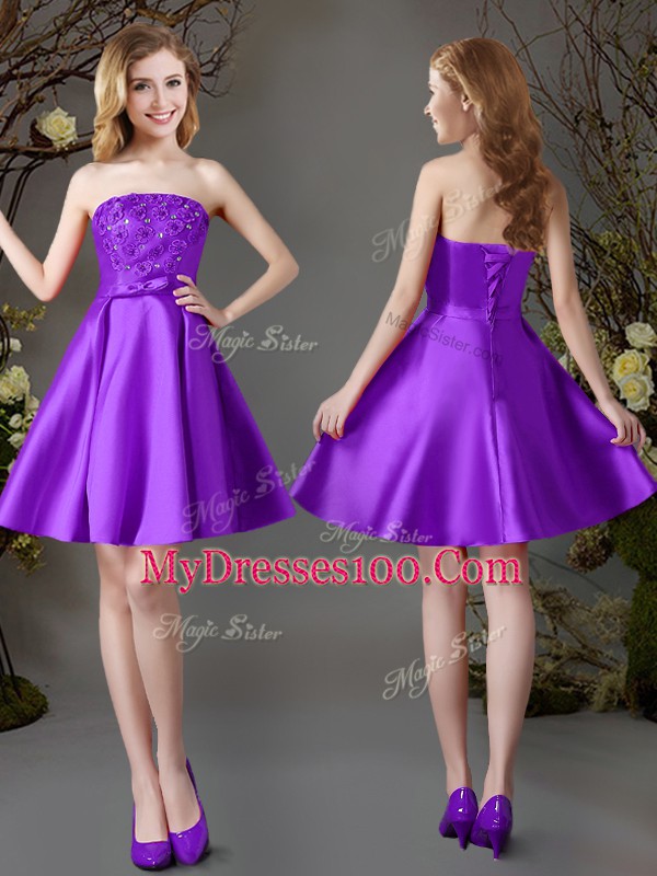 Eggplant Purple Sleeveless Mini Length Beading Lace Up Vestidos de Damas
