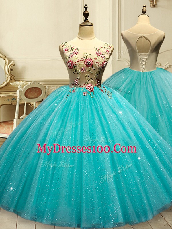 Low Price Tulle Sleeveless Floor Length 15 Quinceanera Dress and Appliques and Sequins