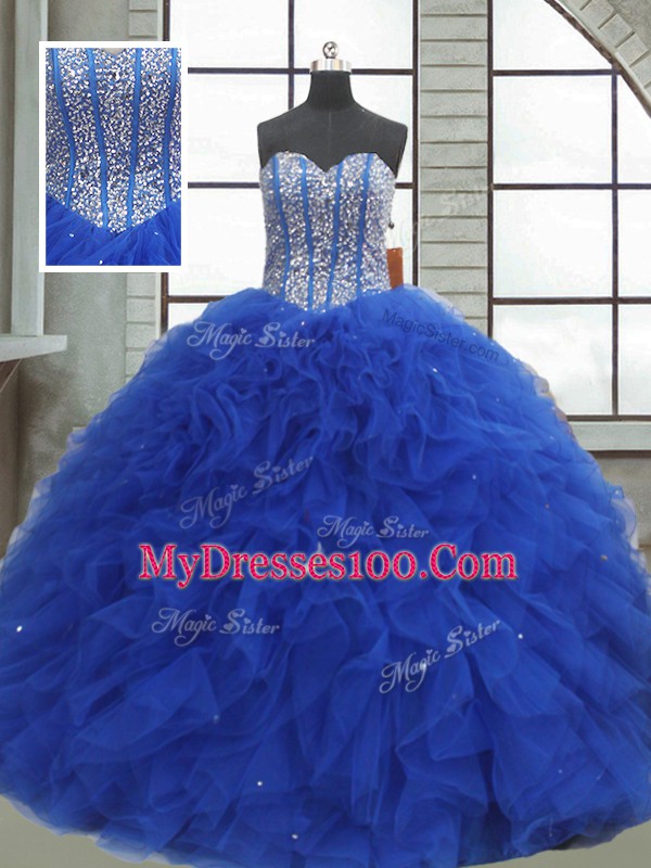 Beading and Ruffles and Sequins Quinceanera Dress Royal Blue Lace Up Sleeveless Floor Length