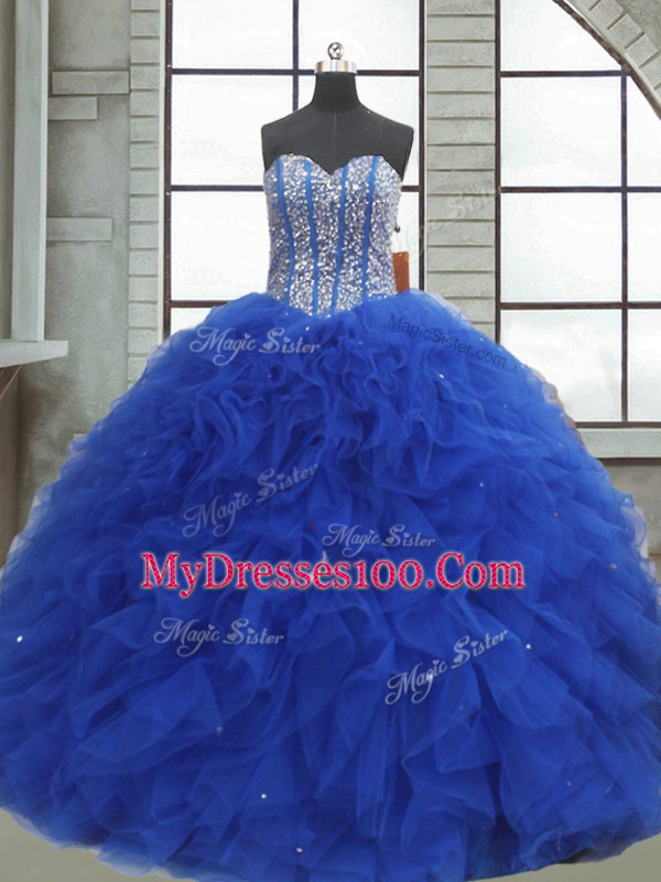 Beading and Ruffles and Sequins Quinceanera Dress Royal Blue Lace Up Sleeveless Floor Length