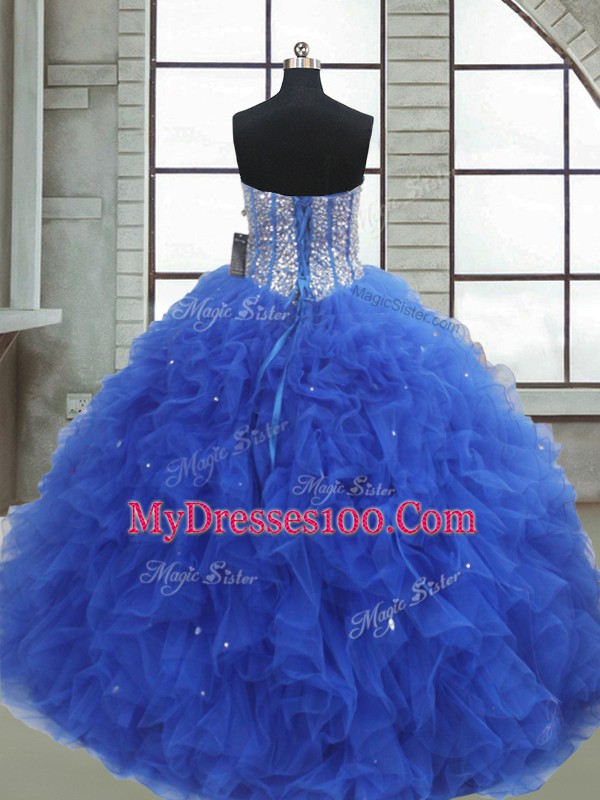Beading and Ruffles and Sequins Quinceanera Dress Royal Blue Lace Up Sleeveless Floor Length
