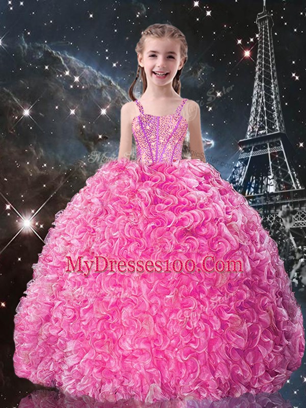 Affordable Sleeveless Floor Length Beading and Ruffles Lace Up Girls Pageant Dresses with Rose Pink