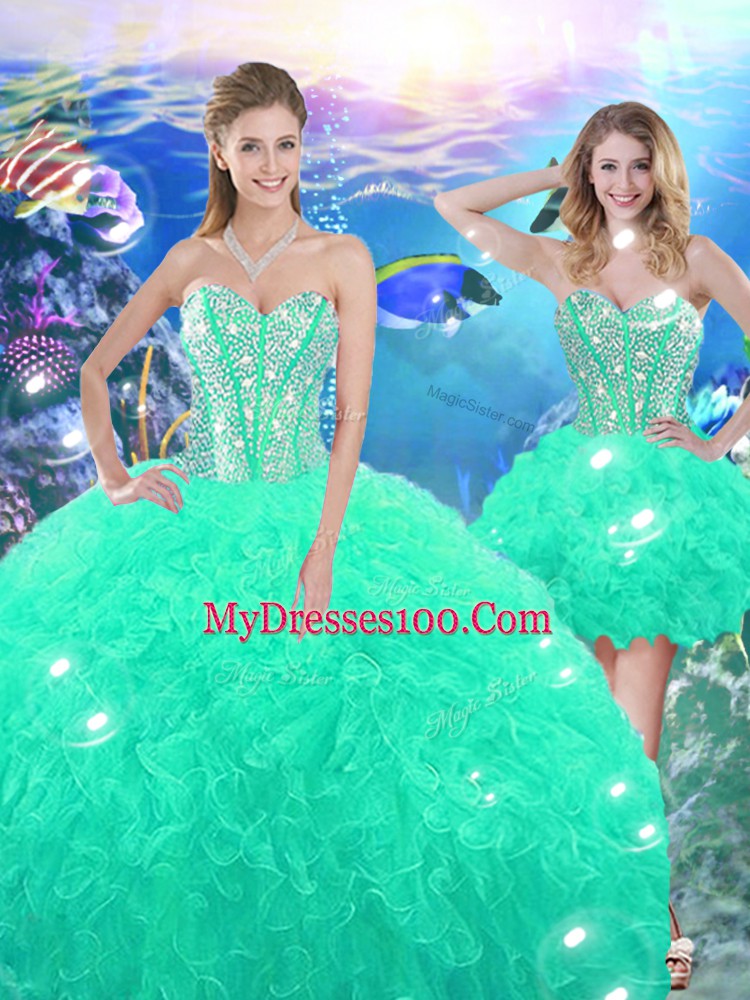 Sumptuous Turquoise Organza Lace Up Sweetheart Sleeveless High Low Sweet 16 Dress Beading and Ruffles