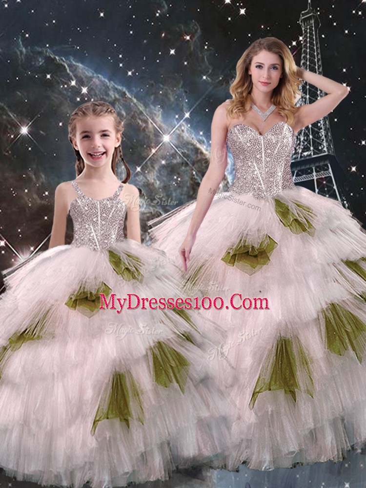 High Class Organza Sleeveless Floor Length Quinceanera Gown and Beading and Ruffled Layers