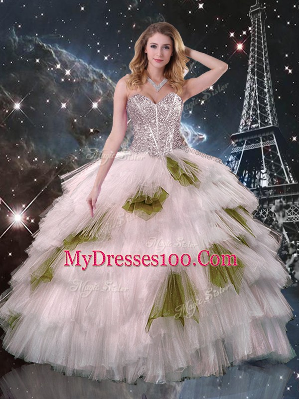 High Class Organza Sleeveless Floor Length Quinceanera Gown and Beading and Ruffled Layers