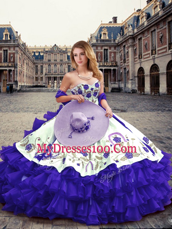 Sumptuous Purple Lace Up 15 Quinceanera Dress Embroidery and Ruffled Layers Sleeveless Floor Length