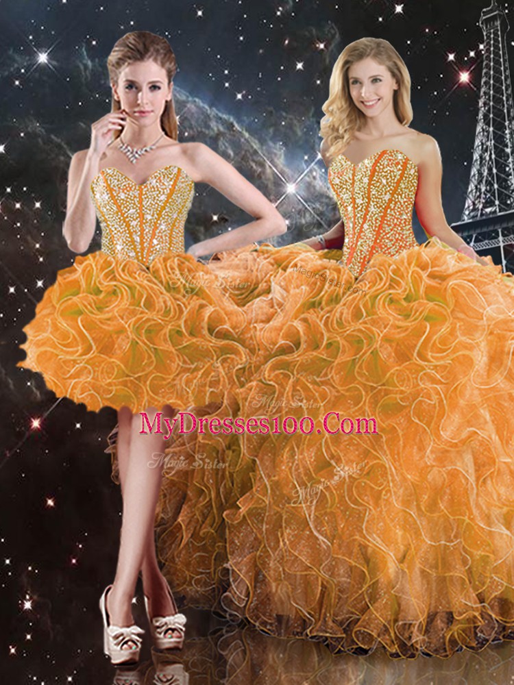 Organza Sweetheart Sleeveless Lace Up Beading and Ruffles Vestidos de Quinceanera in Orange