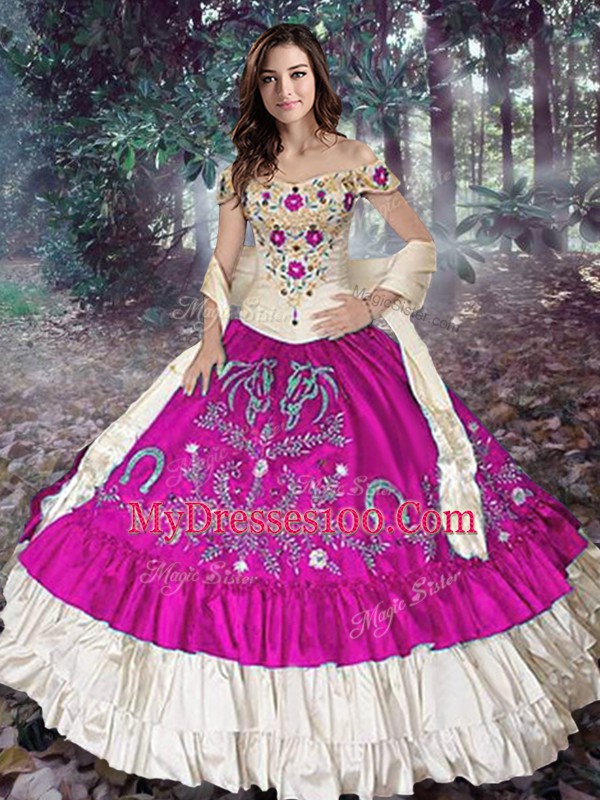 Fuchsia Lace Up Off The Shoulder Embroidery and Ruffled Layers Ball Gown Prom Dress Taffeta Sleeveless