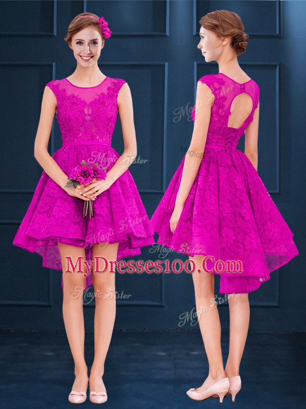 Designer Lace and Belt Bridesmaid Gown Fuchsia Lace Up Sleeveless High Low