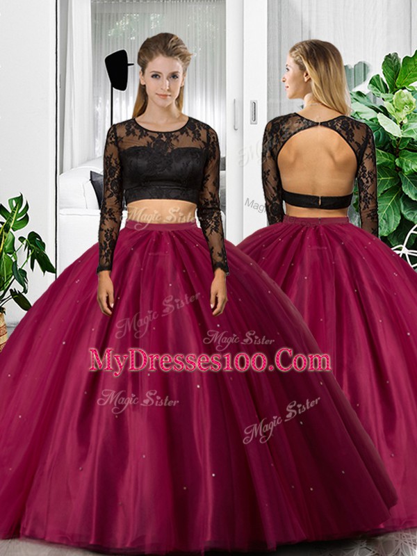 Luxurious Fuchsia 15th Birthday Dress Military Ball and Sweet 16 and Quinceanera with Lace and Ruching Scoop Long Sleeves Backless