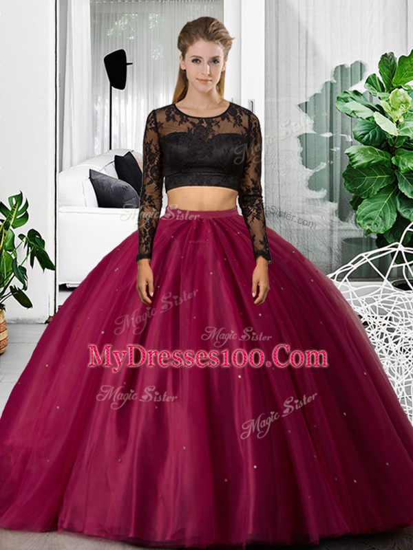 Luxurious Fuchsia 15th Birthday Dress Military Ball and Sweet 16 and Quinceanera with Lace and Ruching Scoop Long Sleeves Backless
