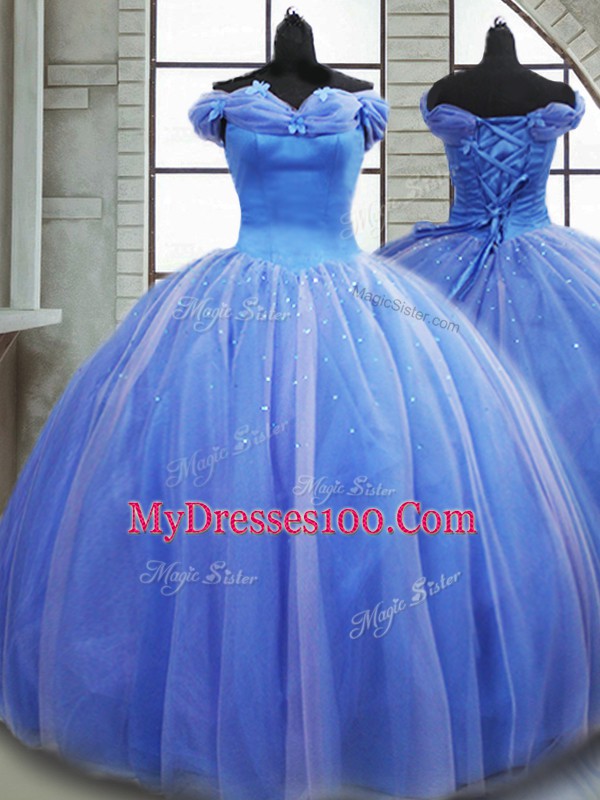 Light Blue Vestidos de Quinceanera Military Ball and Sweet 16 and Quinceanera with Pick Ups Off The Shoulder Sleeveless Brush Train Lace Up