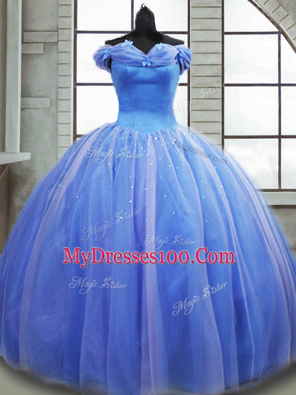 Light Blue Vestidos de Quinceanera Military Ball and Sweet 16 and Quinceanera with Pick Ups Off The Shoulder Sleeveless Brush Train Lace Up