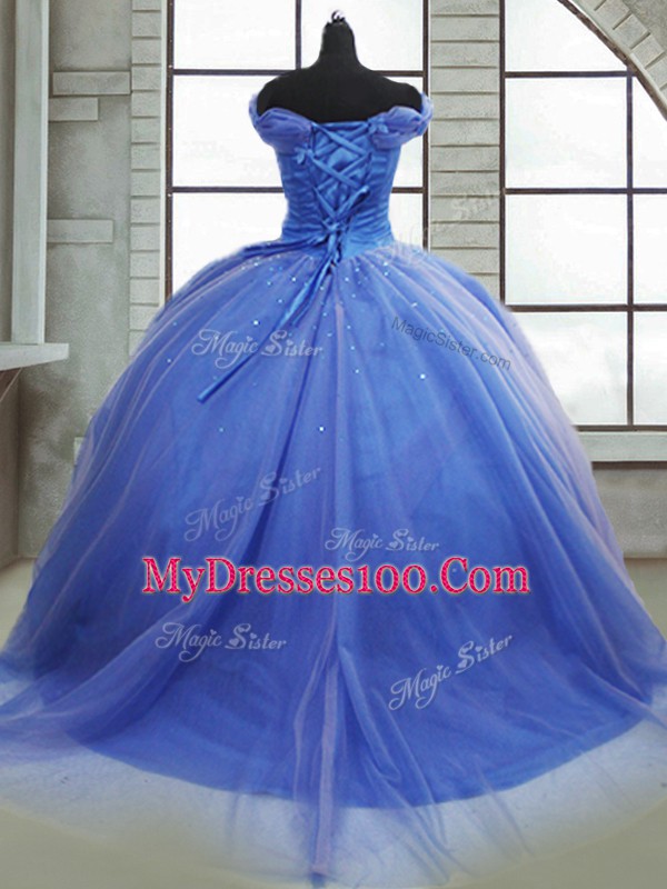 Light Blue Vestidos de Quinceanera Military Ball and Sweet 16 and Quinceanera with Pick Ups Off The Shoulder Sleeveless Brush Train Lace Up