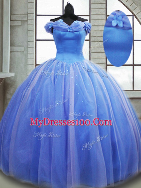 Light Blue Vestidos de Quinceanera Military Ball and Sweet 16 and Quinceanera with Pick Ups Off The Shoulder Sleeveless Brush Train Lace Up