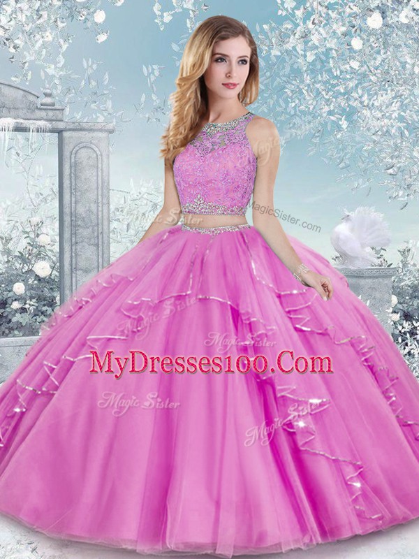 Suitable Lilac Two Pieces Scoop Sleeveless Tulle Floor Length Clasp Handle Beading and Lace Quinceanera Gown