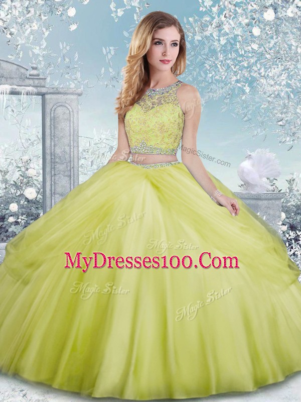 Customized Ball Gowns 15th Birthday Dress Yellow Green Scoop Tulle Sleeveless Floor Length Clasp Handle