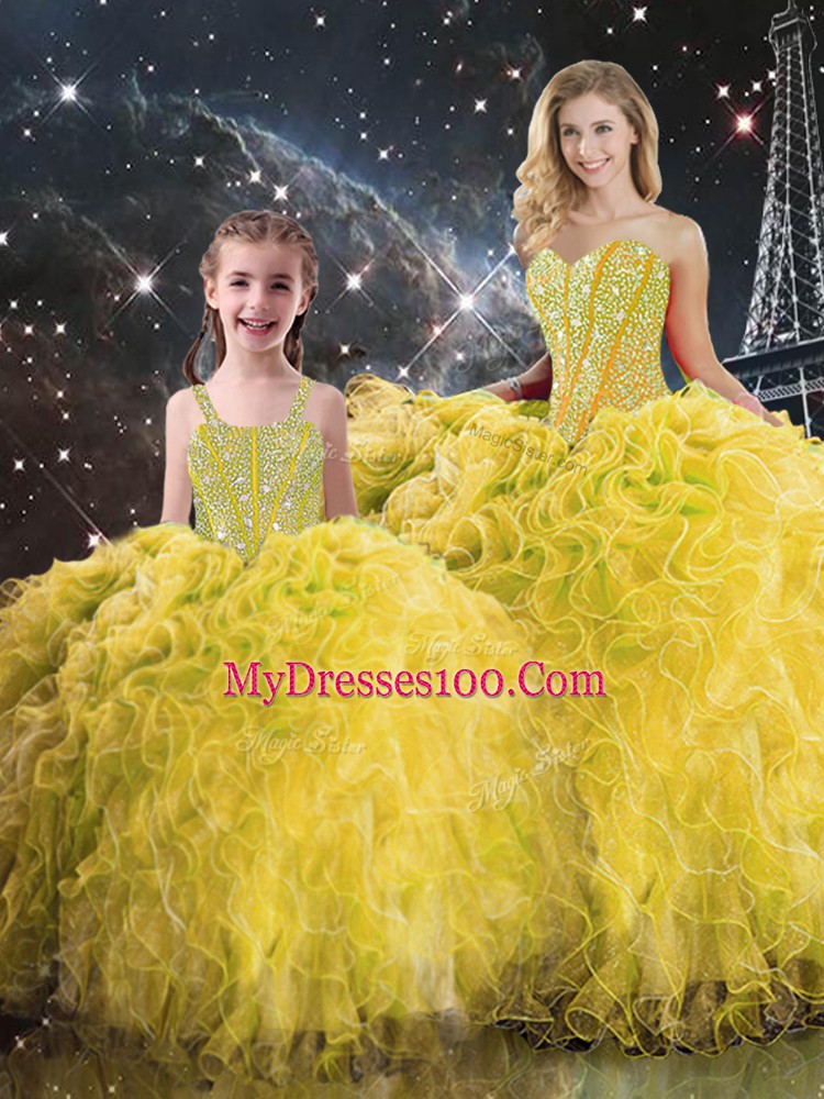 New Arrival Floor Length Lace Up Quinceanera Gowns Yellow for Military Ball and Sweet 16 and Quinceanera with Beading and Ruffles