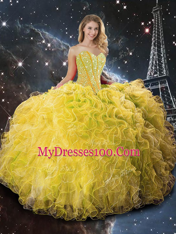 New Arrival Floor Length Lace Up Quinceanera Gowns Yellow for Military Ball and Sweet 16 and Quinceanera with Beading and Ruffles
