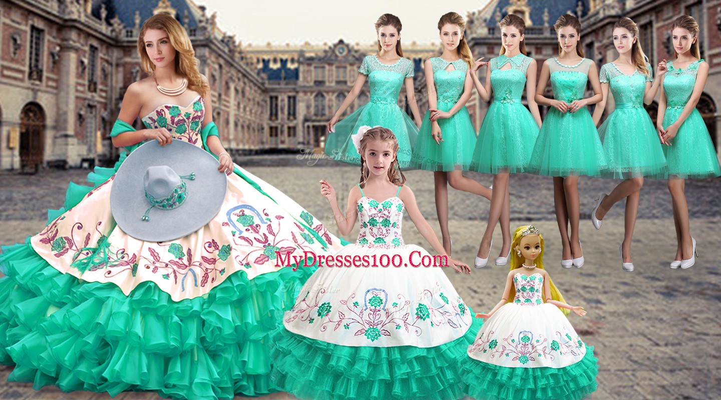 Edgy Turquoise Organza Lace Up Sweetheart Sleeveless Floor Length Sweet 16 Dresses Embroidery and Ruffled Layers