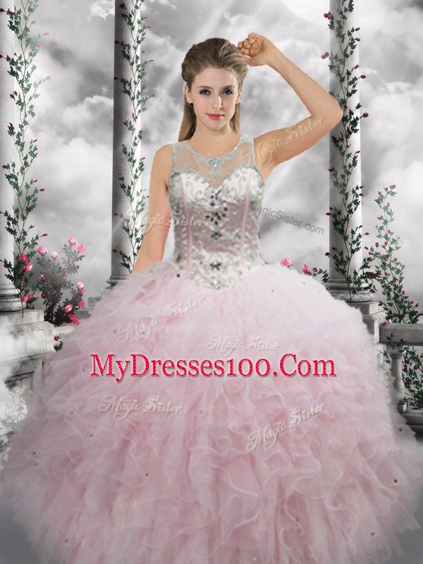 Hot Sale Beading and Ruffles Sweet 16 Dresses Baby Pink Lace Up Sleeveless Floor Length