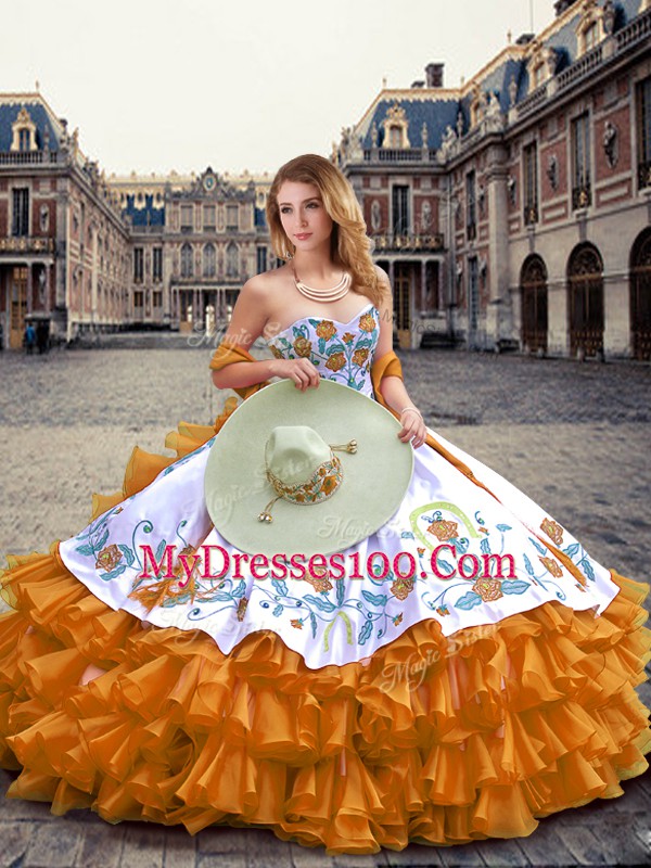 Unique Floor Length Orange Sweet 16 Quinceanera Dress Organza Sleeveless Embroidery and Ruffled Layers