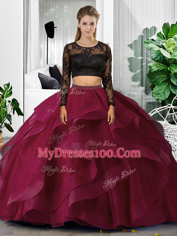 Most Popular Scoop Long Sleeves Quinceanera Dress Floor Length Lace and Ruffles Fuchsia Tulle