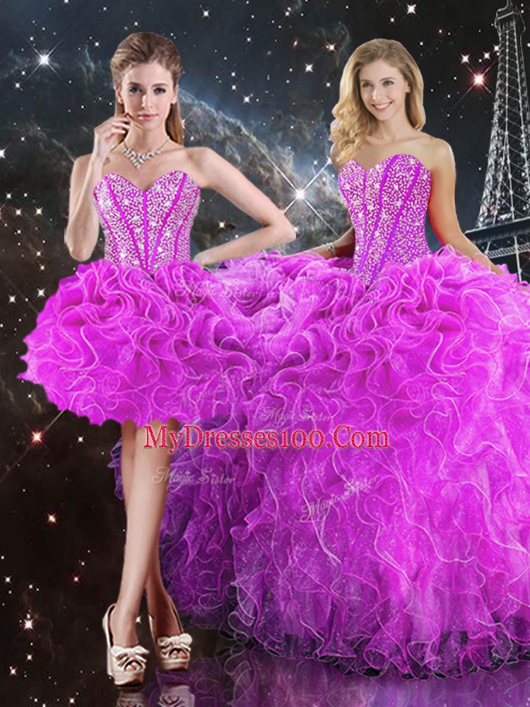 Organza Sweetheart Sleeveless Lace Up Beading and Ruffles Vestidos de Quinceanera in Fuchsia