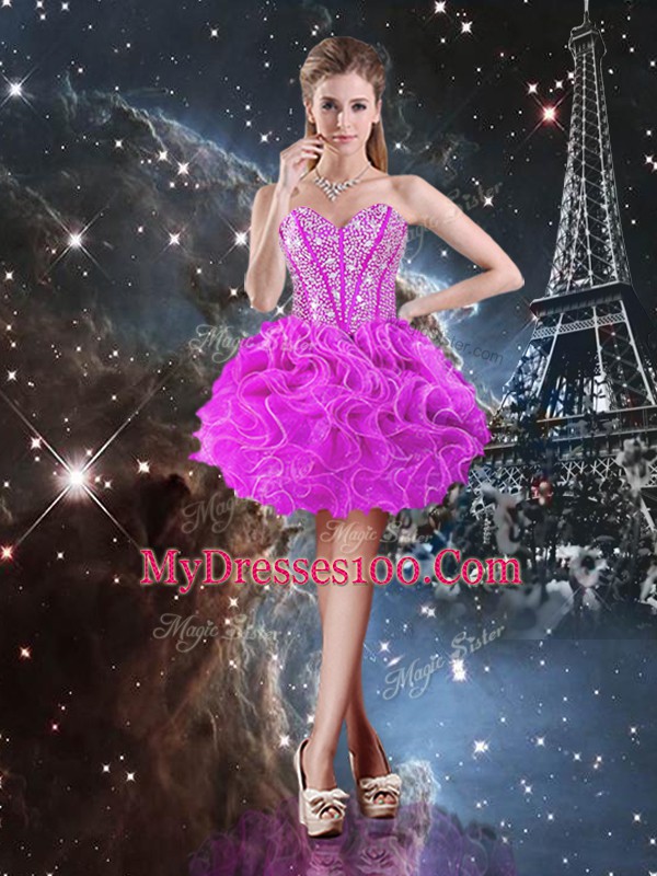 Organza Sweetheart Sleeveless Lace Up Beading and Ruffles Vestidos de Quinceanera in Fuchsia