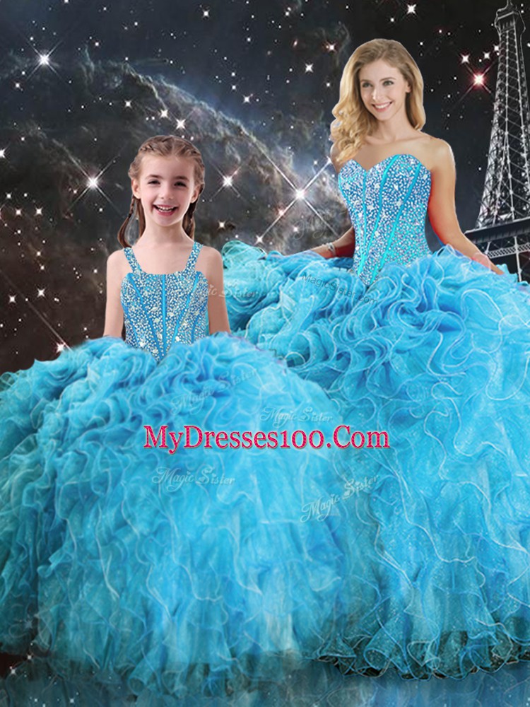 Elegant Sleeveless Floor Length Beading and Ruffles Lace Up 15 Quinceanera Dress with Aqua Blue