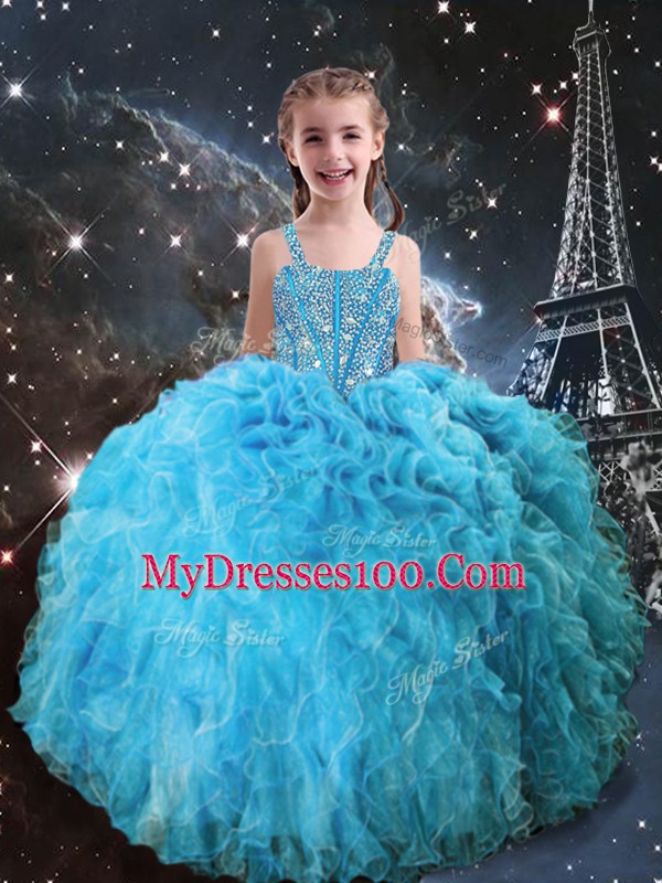 Elegant Sleeveless Floor Length Beading and Ruffles Lace Up 15 Quinceanera Dress with Aqua Blue